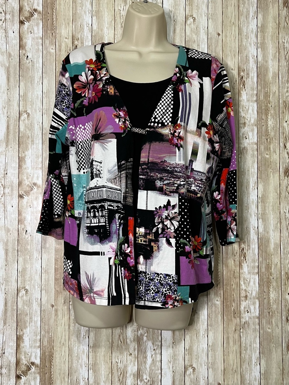 ONQUE 2 in 1 Layered
Top Patch Print 
Cotton Stretch 3/4 Sleeve PXL
